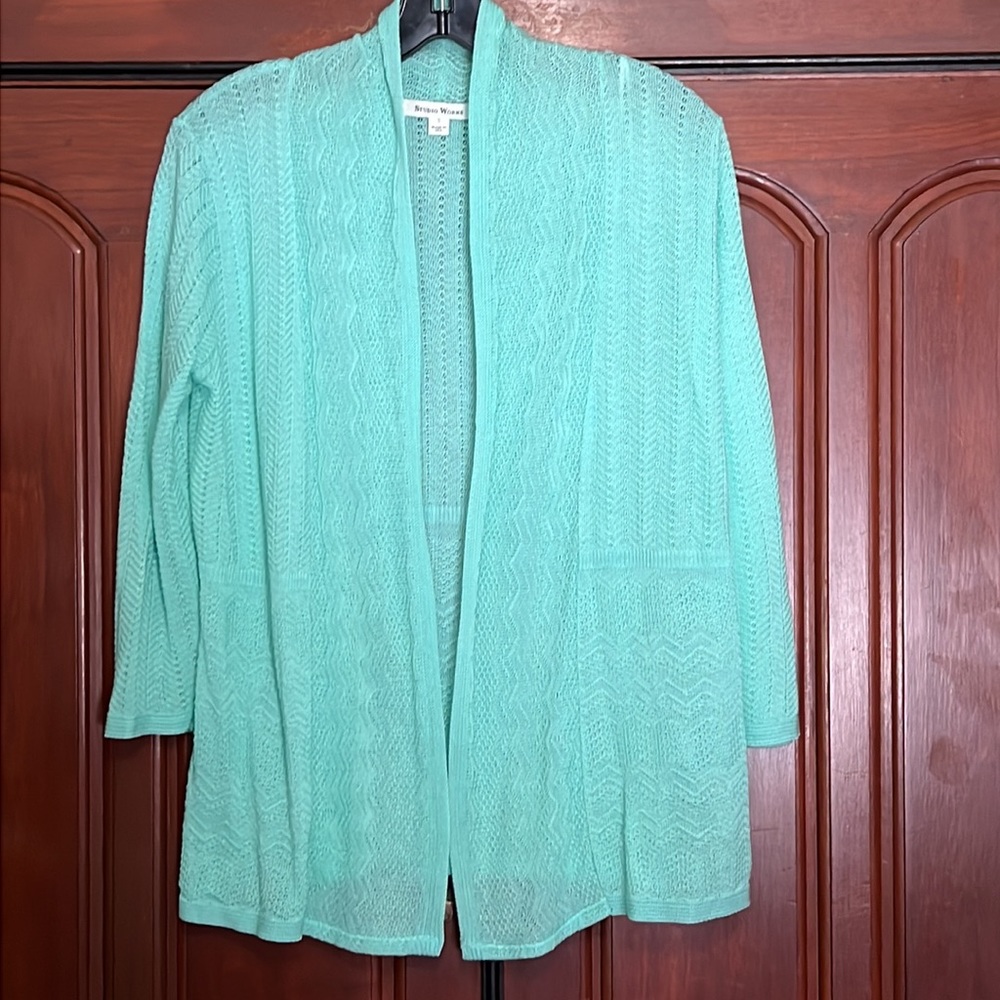 Studio Works Light Aqua Open Cardigan Size Small - Picture 2 of 12